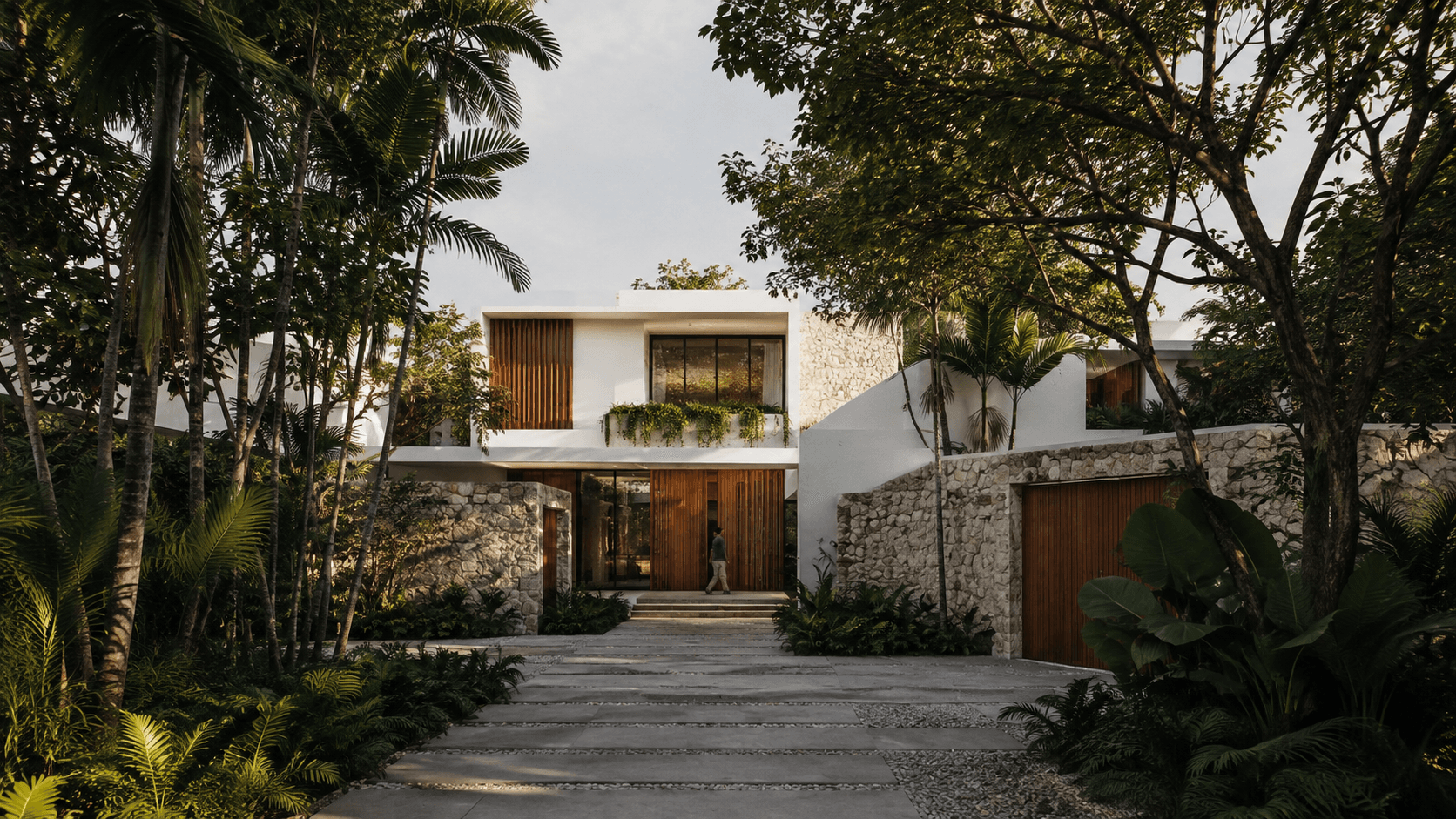 A tropical residence framed by stone, timber and mature planting