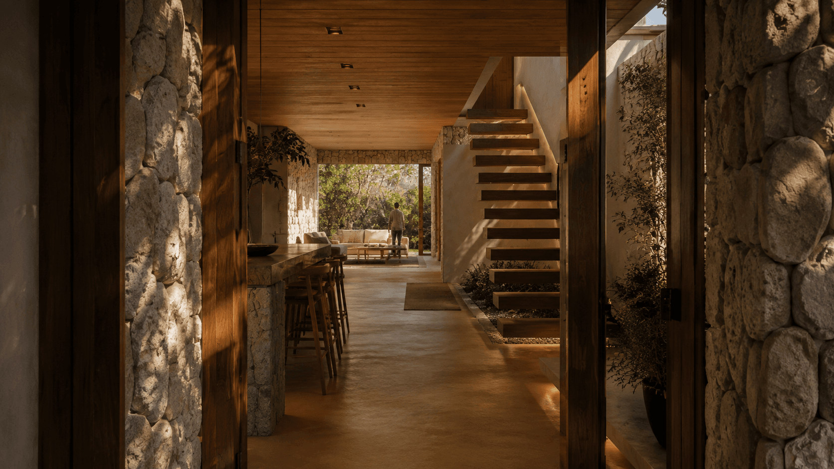A warm interior passage composed with stone, timber and filtered light