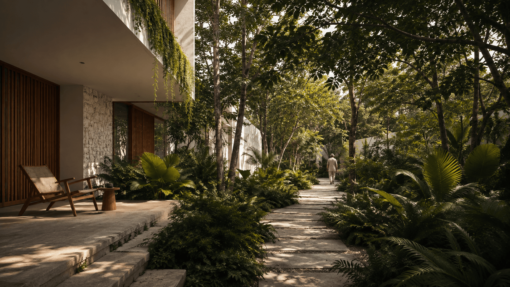 A shaded garden path connecting a residence with its landscape