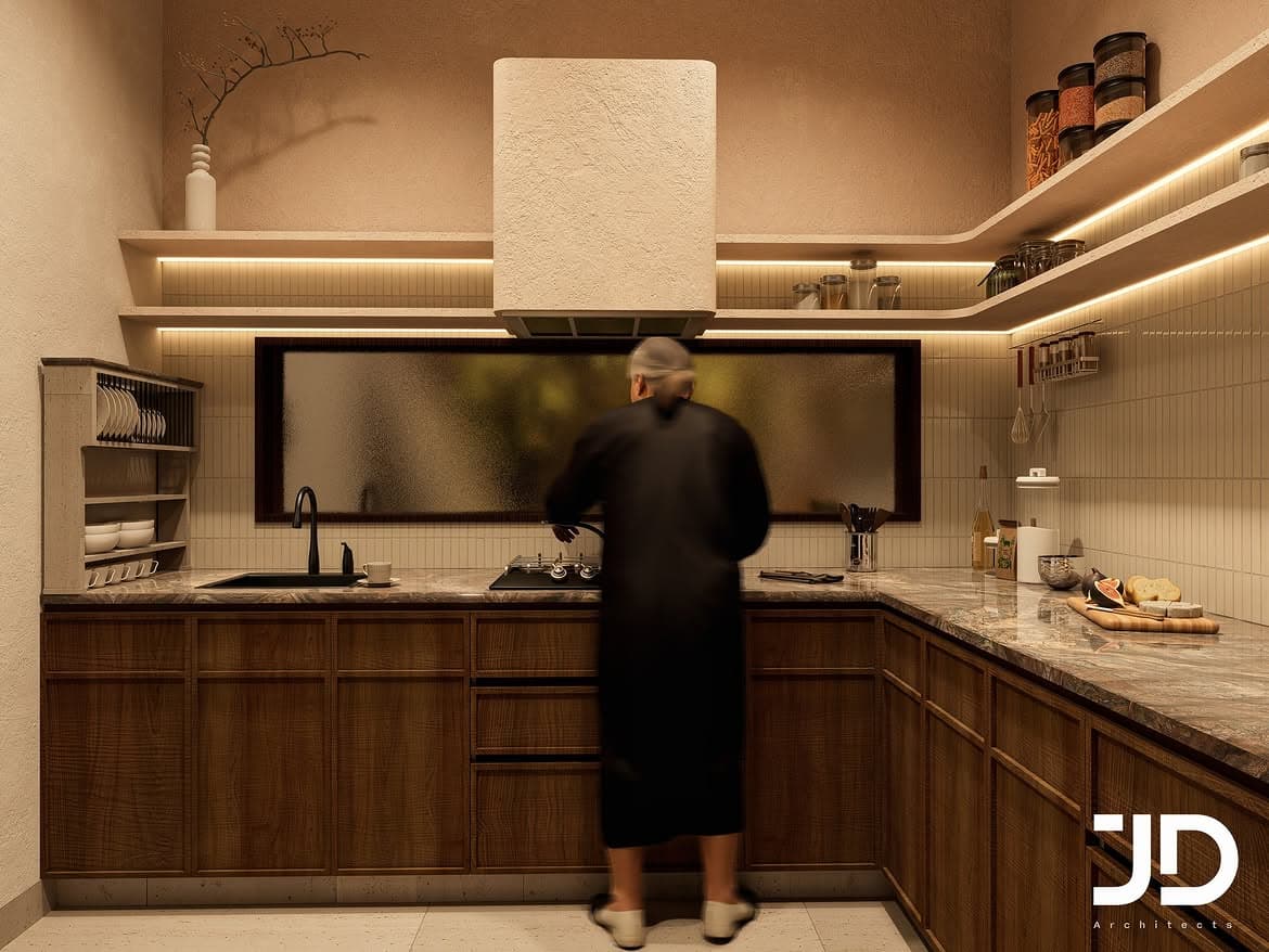 Warm kitchen interior with timber grain, stone counters and a horizontal window