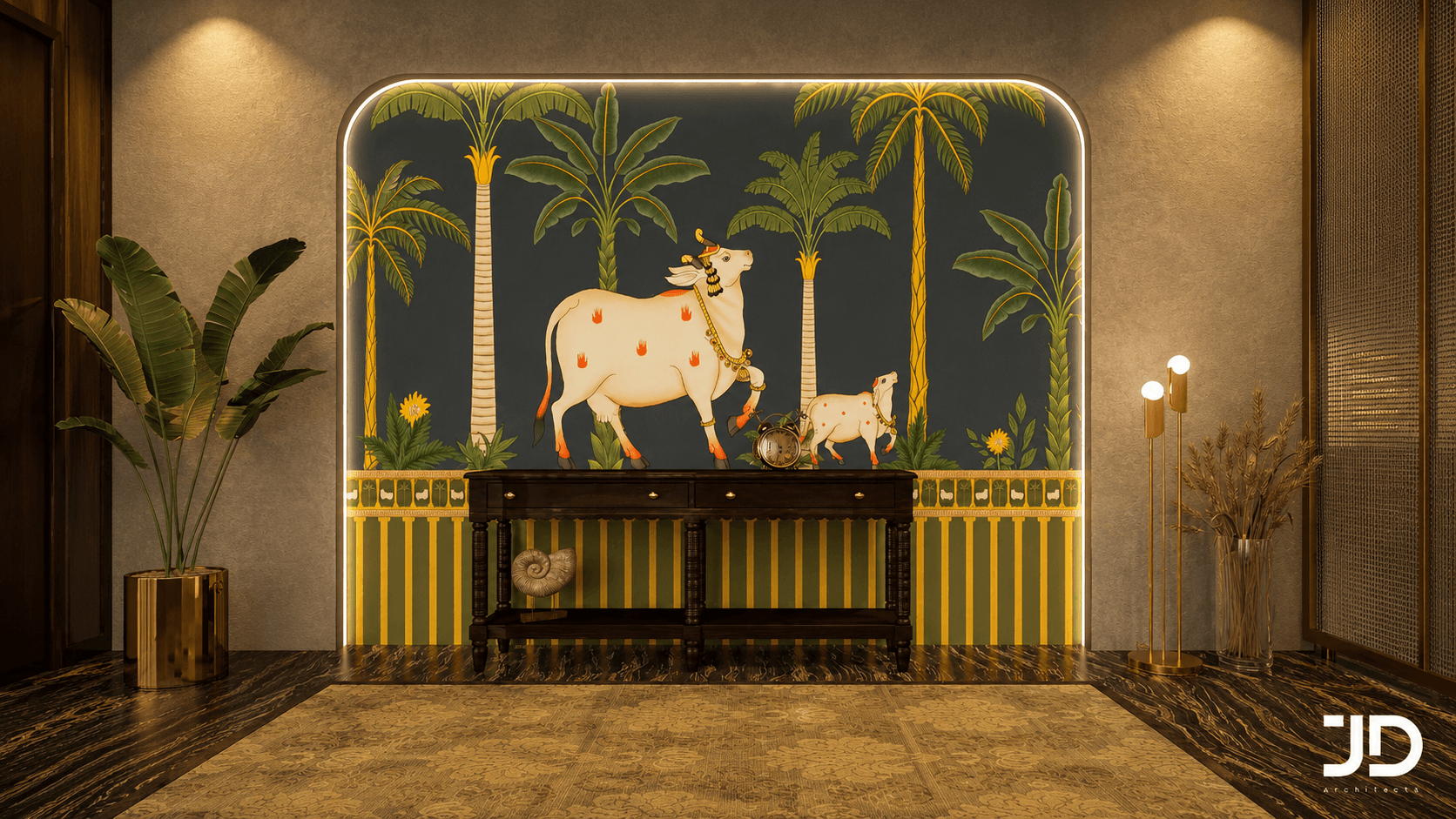 Kamadhenu Court interior featuring Pichwai and folk-art inspired wallpaper