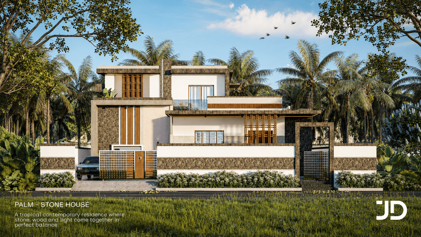 Palm-Stone House private residence framed by palms and grounded in stone