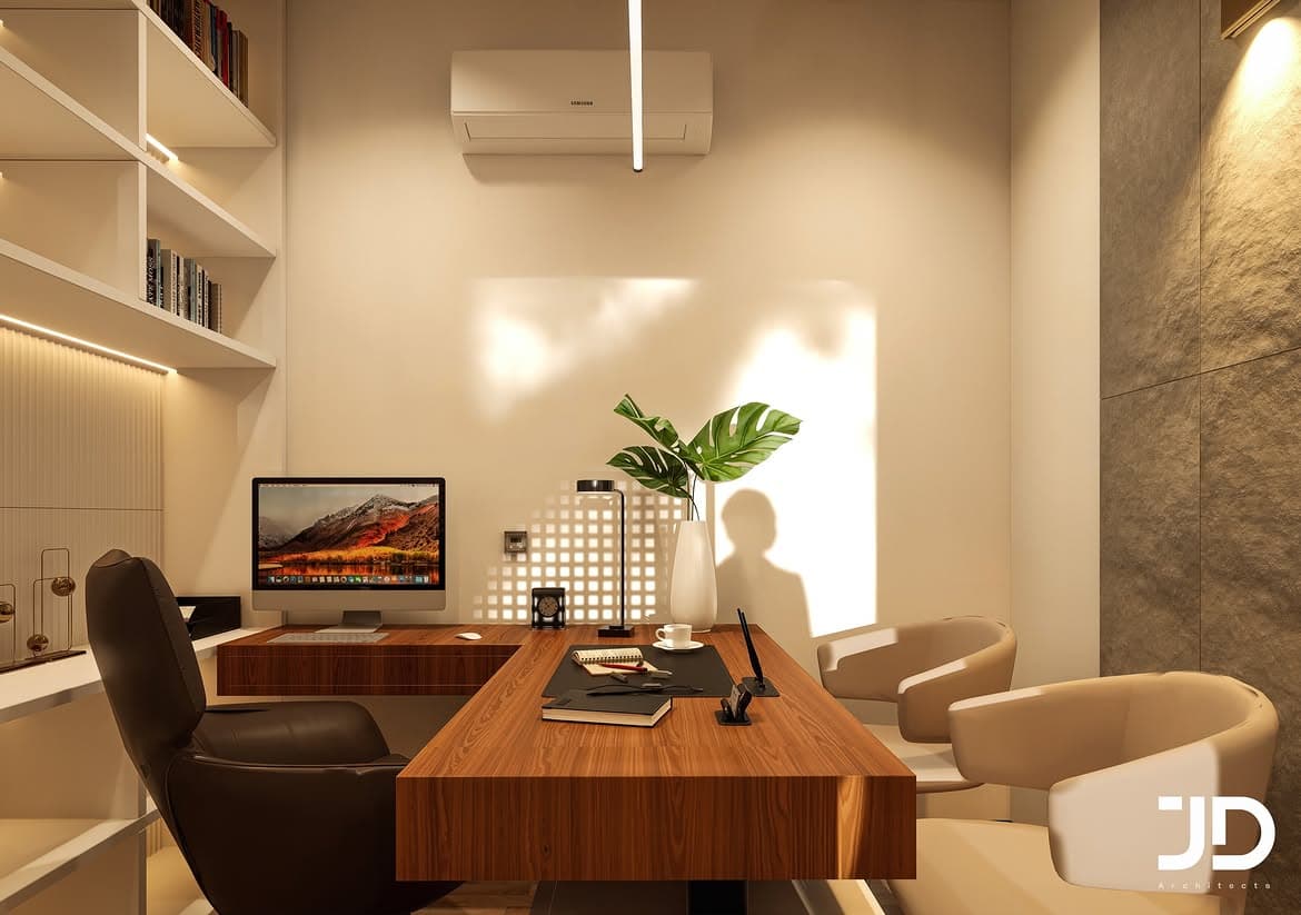 Warm reception space with layered shelving, timber desk and filtered daylight